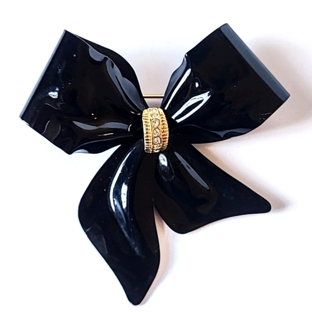 BLACK ENAMEL BOW BROOCH with RHINESTONE ACCENTS